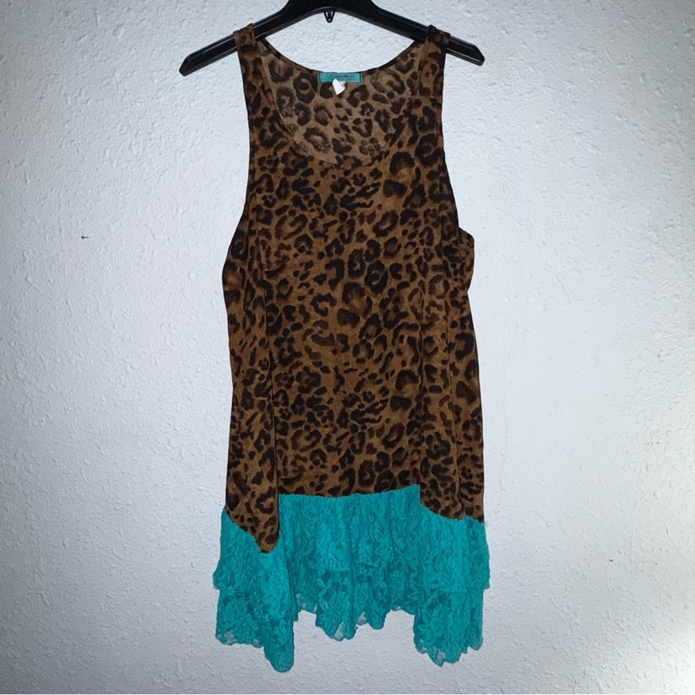 Source Unknown Leopard Print Blouse with Teal Lace Hem